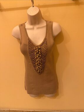 Beaded V-Neck Sleeveless Knit Top - Tan Tracy M. Medium